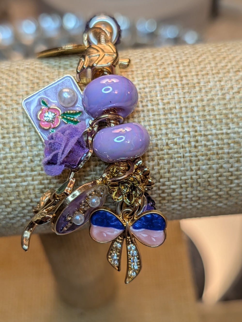 Gold-Tone Purple Enamel Charm Bracelet with Bow and Bead Accents New